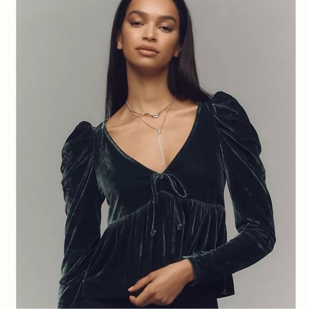 Anthropologie Maeve Velvet Babydoll Top Dark Green Blouse Tie Front XS NWT - Picture 2 of 14